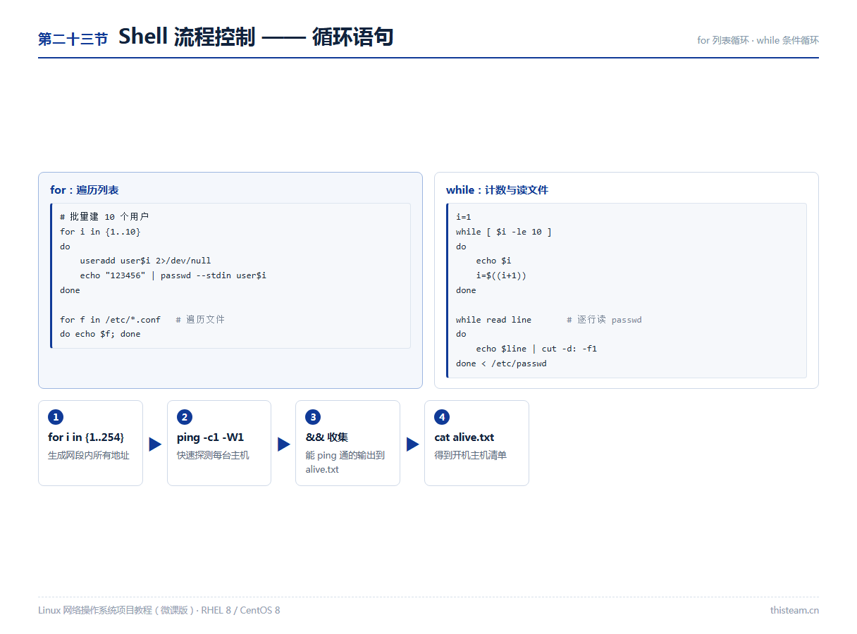 第二十三节 Shell循环:for遍历列表与while条件循环、批量建用户